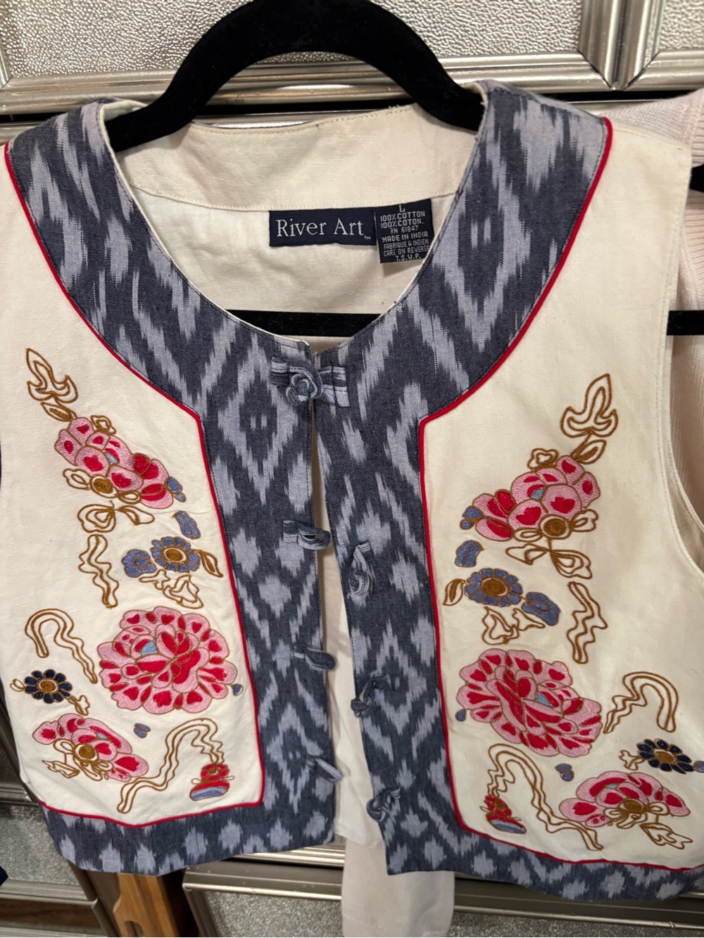 River Art Floral Embroidered Sleeveless Top - Ivory & Blue 100% Cotton